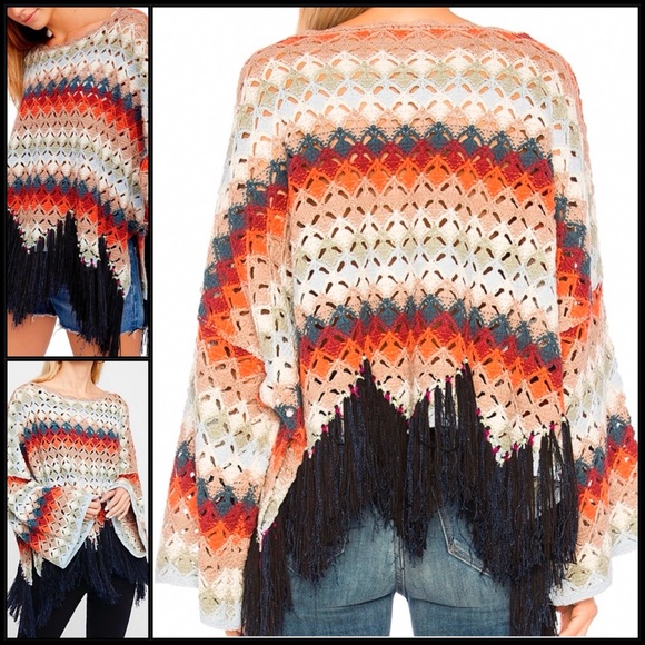 Free People Fringe Hem Crochet Wide Sleeve Poncho - Picture 6 of 9